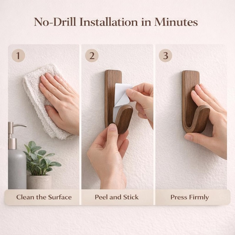 TYNUOCN 6 Pack Walnut Adhesive Wall Hooks, Decorative Wooden J