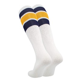 TCK Retro 3 Stripe Tube Socks (Navy/Gold, Large)