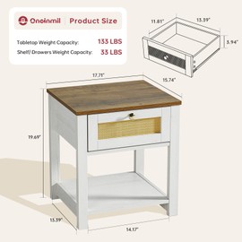oneinmil Nightstands Set of 2, End Tables with Rattan Decor Drawers, Bedside Tables in Boho Style, Side Tables with Storage Shelf, White