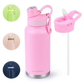 ThermoProof Double-Walled Vacuum Insulated Stainless Steel Water Bottle - Wide Mouth Canteen, Spout & Straw Lids, Dishwasher Safe, Reusable, Leakproof, Hot & Cold for Men, Women & Kids - 32oz, Pink