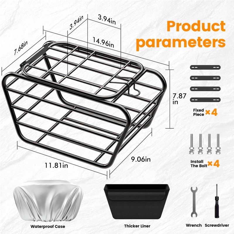 Bike Rear Basket with Liner & Waterproof Cover Large Capacity
