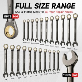 WOBANK 22-Piece Ratcheting Wrench Set, Ratchet Combination Wrenches Set with Organizer Box, Metric 8-19mm and SAE 1/4" to 3/4" Size, 12 Points 72-Teeth, Nickel Plating