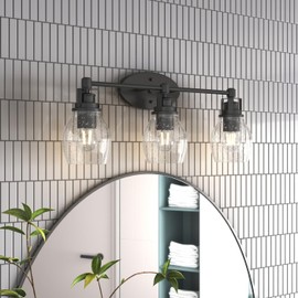 Modern 3-Light Bathroom Vanity Light in Black Finish with Seeded Glass Shade Contemporary Iron