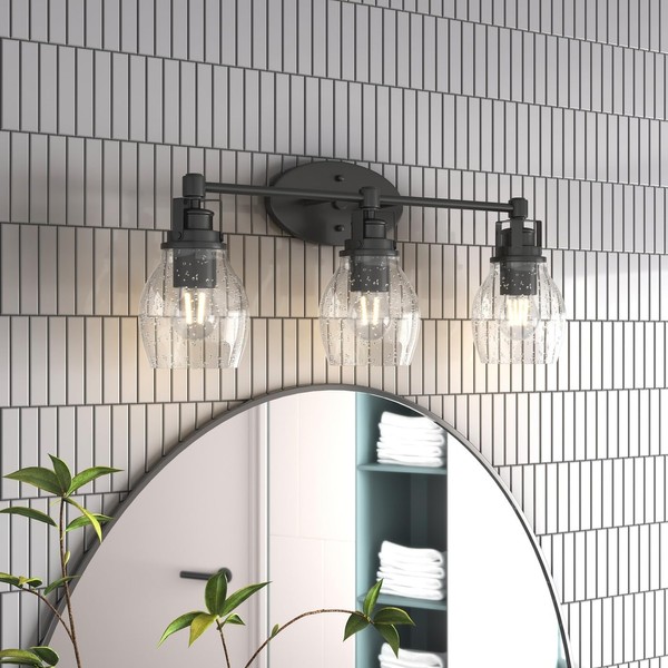 Modern 3-Light Bathroom Vanity Light in Black Finish with Seeded