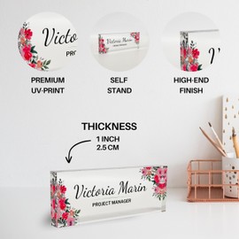 Customized Clear Acrylic Thick 8x3" Desk Name Plate Block - Professional Office Decor - Customized Acrylic Plate Gift for Teacher Co-workers (Pinky Flowers)
