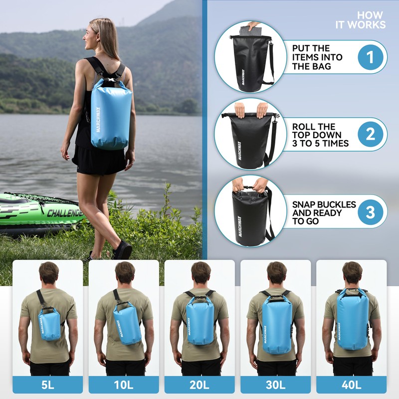 MARCHWAY Floating Waterproof Dry Bag Backpack 5L/10L/20L/30L/40L, Roll Top Sack
