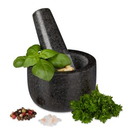 Relaxdays Granite Pestle and Mortar, Robust and Durable, Spices, Herbs, Polished Stone Mortar, Diameter 8.5 cm, Volume 100 ml, Grey