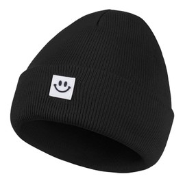 American Trends Men Women Beanie Hat Smiley Face Knit Cuffed Winter Hats Warm Soft Cute Plain Skull Beanie Hats for Outdoor Black One Size