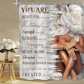 MESHELLY African American Bible Verse Shower Curtain 60Wx72H Vintage Retro Black Girl Floral Bathroom Curtain Christian Quotes Shower Curtain White Peony Black Women Bathroom Decor Fabric with 12 Hook