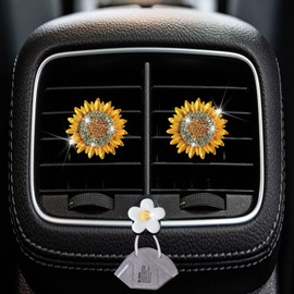 Bling Sunflower Air Vent Clips, 2 Pcs Golden Sunflower Car Air Fresheners Vent Clips Car Diffuser Diamond Car Decoration Car Interior Decor Cute Car Accessories for Women Girls + Mask Hook