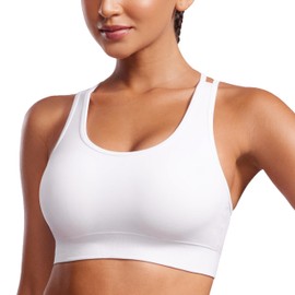 CRZ YOGA Womens Seamless Strappy Longline Sports Bra - Medium Support Scoop Neck Criss Cross Padded Yoga Workout Bra White Small