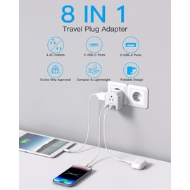 2 Pack European Travel Plug Adapter, HANYCONY International Power Adapter 4 Outlets 4 USB C Ports (2 USB C), Foldable Type C Adapter for US to Most Europe EU Italy Spain Greece Portugal France Germany