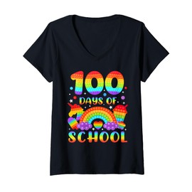 Womens Pop-it 100 Days Of School 100th Day Boys Girls Kids V-Neck T-Shirt