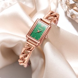 NIBOSI Women's Green Dial Rectangle Case Rose Gold Strap Fashion Elegant Casual Luxury Quartz Waterproof Fashion Analog Stylish Green Modern Watch, Green, Modern