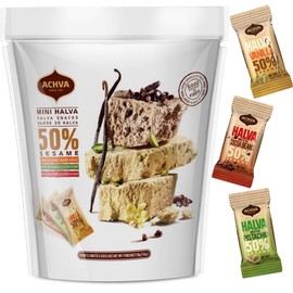 Halva Tahini Bar Mini Snacks – Assortment of 18 Snack-Sized Halvah Pistachio, Vanilla, and Cocoa Bean Israeli Snacks – Vegan, Kosher Snacks with No Gluten or Lactose by Achva, 12 g. Each