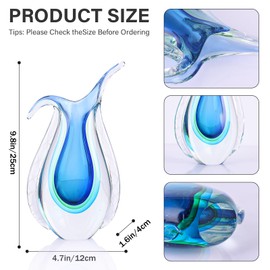 Blue Hand Blown Glass Vase – Oval Decorative Art Glass for Centerpieces, Murano Inspired Decor for Dining Room, Entryway Table, or Shelf, Handmade Glass Vase for Home Display (Blue Green)