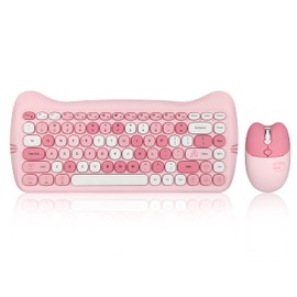 Perixx PERIDUO-715 Wireless Mini Keyboard and Mouse Set - Cute Cat-Like Design - Pink Candy Colors - Type-C Adapter - US English