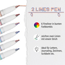 Online Set of 6 2-line pens, colourful hand lettering pens with double lines, multi-coloured two-line pens for lettering, drawing, two-colour pen