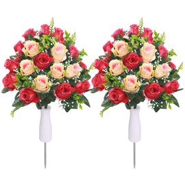 Lodou Artificial Cemetery Flowers,Set of 2 Grave Decorations Roses, Tombstone Memorial Bouquet with Vase for Grave Arrangementss (2, red & Beige)