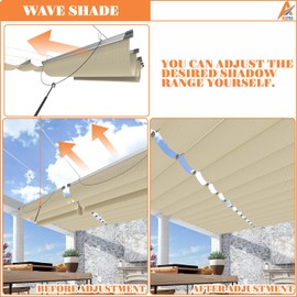 AwnPro 3' x 16' Retractable Wave Awning Cover, Slip Rope Retractable Shade Sail, Replacement Pergola Awning for Outdoor Gardens, Patios, Decks and Gazebos (Beige)