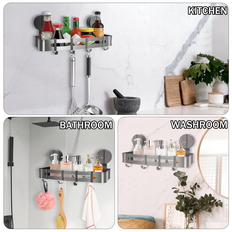 LURICO Suction Cup Shower Shelf No Drilling with 4 Hooks,