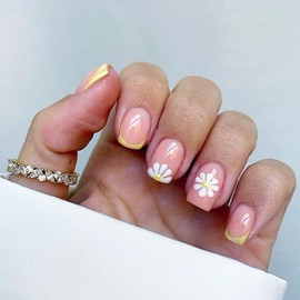Summer Flower Press on Nails Daisy Acrylic Full Cover Fake Nails Wild Flowers Stick on Nail 24Pcs Glossy Yellow French Short Square False Nail Elegant Gel Glue on Fingernails for Holiday Manicure Art