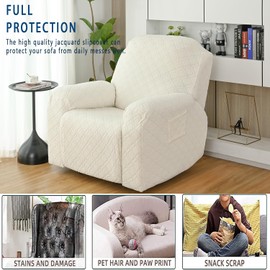 MINGPINHUIUS Recliner Chair Covers - Soft Recliner Cover Stretch Recliner Chair Cover, Recliner Covers with Side Pocket, Covers for Recliner Chair for Furniture Protector (Beige White, 1 Seater)