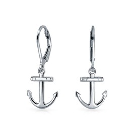 Tropical Beach Vacation Honeymoon Simple Nautical Boat Anchor Lever Back Dangle Earrings For Women Teen .925 Sterling Silver