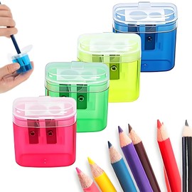 FACETHALO Manual Mini Pencil Sharpener, Set of 4, Pencil Sharpener, 2 Holes, Special Carbon Steel Blade, Compatible with Colored Pencils, Thin Shaft, Includes Sharpener, Pen Case, School Supplies