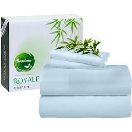 Royale Linen Bamboo Viscose Queen Sheet Set - Cooling Bed Sheet Set - 1 Fitted 1 Flat & 2 Pillowcase - Fits Up to 16" - Organic Viscose Derived from Bamboo - Bedding Sheet &Pillowcase (Queen,LakeBlue)