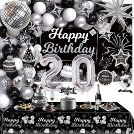 Miidenks 20th Birthday Decorations Set for Man Women,Black Silver Happy 20 Birthday Party Supplies with Birthday Backdrop Banner Birthday Tablecloth 20 Number Balloons for Her Him