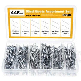 Knpwer Pack of 445 Aluminium Blind Rivets, 6 Sizes Pop Rivets Assortment, Dome Blind Rivets, Blind Rivets Assortments