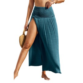 Herseas Beach Sarong Wraps for Women Swimsuit Cover Up Shirred Wide Waist Split Thigh Swim Long Skirt Bathing Suit Bottom Stone Green Medium 8 10