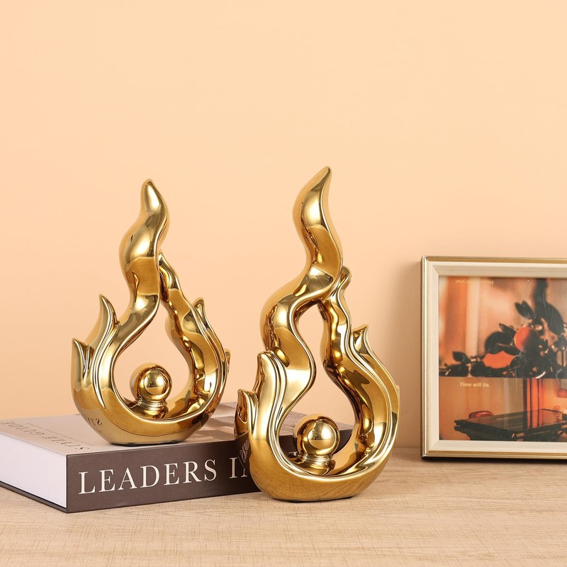 2 Pcs Gold Ceramic Sculptures for Home Decor, Modern Abstract