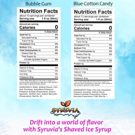 Syruvia Sugar-Free Snow Cone Syrup 12.7oz -0 Calorie Bubble gum & Blue Cotton Candy Syrup For Shaved Ice, Snow Cones, Slushies, Italian Soda and Popsicles. Keto Friendly, Kosher, Dairy Free.