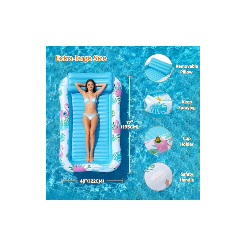 Inflatable Tanning Pool Lounger Float with Sprinkler, Pool Float Adult