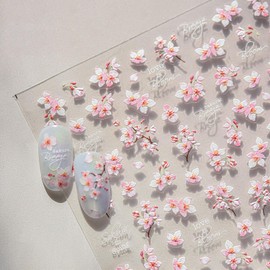 Pink Flower Nail Stickers for Nail Art 5D Embossed Nail Decals Cherry Blossoms Nails Art Stickers Spring Nails Supplies White Floral Nails Art Decoration