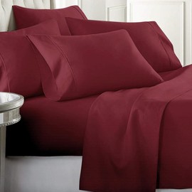 6-Piece Deep Pocket Bedding Set, Fitted and Flat Sheet, Hypoallergenic, Elastic All Around, Multiple Colors and Patterns - 100% Microfiber - Color: Burgundy, Bedding Size: Queen