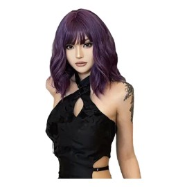 Peluca Morada Bob Ondulada Flequillo Violeta Para Mujer Dama