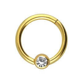 PIERCINGLINE Titanium Clicker Ring, Ball with Crystal, Piercing Nose Septum, Ear, Helix Tragus, Choice of Colours and Sizes, 1.2mm Bar Thickness | 10mm Internal Diameter, Gold colour 3 mm ball size