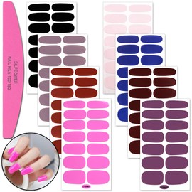 SILPECWEE 8 Sheets Solid Color Nail Polish Stickers Stick on Nail Polish Strips Nail Wraps for Women Adhesive Nail Art Stickers Gel Nail Sticker with 1pc Nail File
