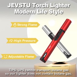 JEVSTU Butane Lighter, 2 Pack Torch Lighter with Fuel Level Window, Adjustable Fire Jet Torch Windproof Lighter Long for Grill Cooking Candle, Red & Silver (Gas not Included)