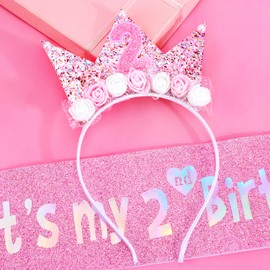Vovii 2nd Birthday Decorations for Girls, Birthday Girl Headband & Glitter Sash Set for 2 Year Old Girl Birthday Decorations, Birthday Flower Princess Crown Headband for Happy 2nd Birthday Girl Outfit