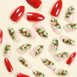 24PCS Christmas Press on Nails Short Square - ZWENJIE Winter Cute Red Glossy Fake Nails Flowers Full Cover Artificial Acrylic False Nail Xmas Tree Christmas Fruit Designs Xmas Holiday Glue on Nail Kit