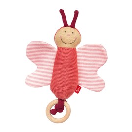 SIGIKID 39674 Knitted Grip Toy Butterfly Knitted Love, Baby Toy Made of Cotton Knit with Wooden Ring and Rattle for Gripping, Listening and Playing for Babies from 3-12 Months, Pink, 16 x 20 x 5 cm