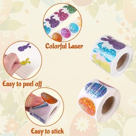 Muswarm 1000 PCS Easter Stickers Roll, Laser Colorful Bunny&Eggs Stickers for Kids, Eggs, Cards, Gifts, Stuffers, Decorations