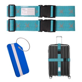Luggage Strap Set with Luggage Tag, Two Piece Safety Webbing in Turquoise with Name Tag, Luggage Straps with Address Tag for Travel and Flying, Luggage Straps, Cross Strap for Suitcase
