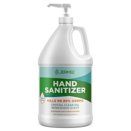 Jermee Moisturizing Hand Sanitizer Gel, 70% Alcohol - Kills 99.99% Germs, Enhanced with Vitamin E and Aloe Vera - Crystal Clear Gel, Refreshing Scent, Made in USA - 1 Gallon with Easy to Use Pump
