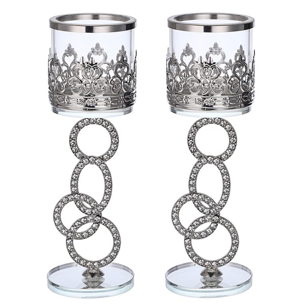 OwnMy - Juego de 2 portavelas de vidrio plateado con cubierta de vidrio, 21,6 cm, elegante metal de vidrio para mesa de comedor, centro de mesa, decoración de velas de boda