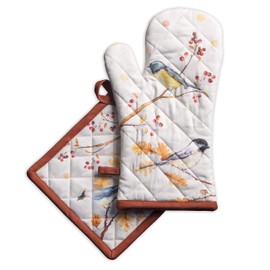 Maison d' Hermine Oak Leaves 100% Cotton Set of Oven Mitt (7.5 Inch by 13 Inch) and Pot Holder (8 Inch by 8 Inch) for BBQ | Cooking | Baking | Grilling | Microwave | Barbecue | Thanksgiving/Christmas